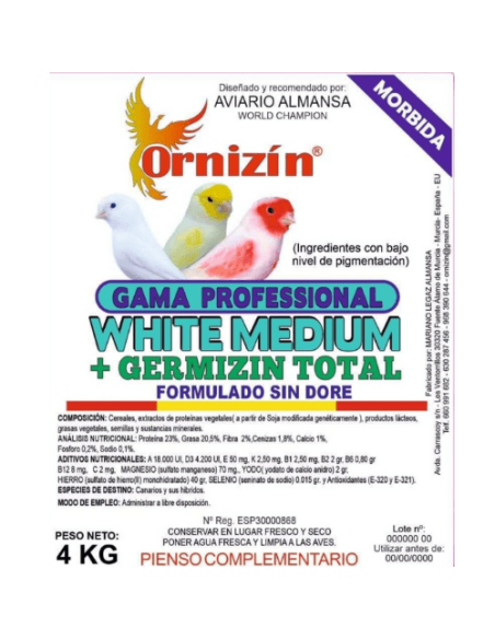 pasta de cría blanca WHITE MEDIUM + GERMIZIN mórbida, de ORNIZIN, 4 kg