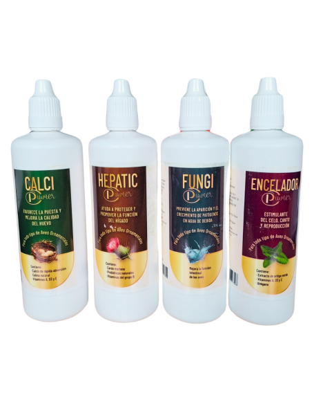 Pack para el cuidado de las aves PIUMER (hepatic, encelador, calcio y fungi) 4 x 125 ml